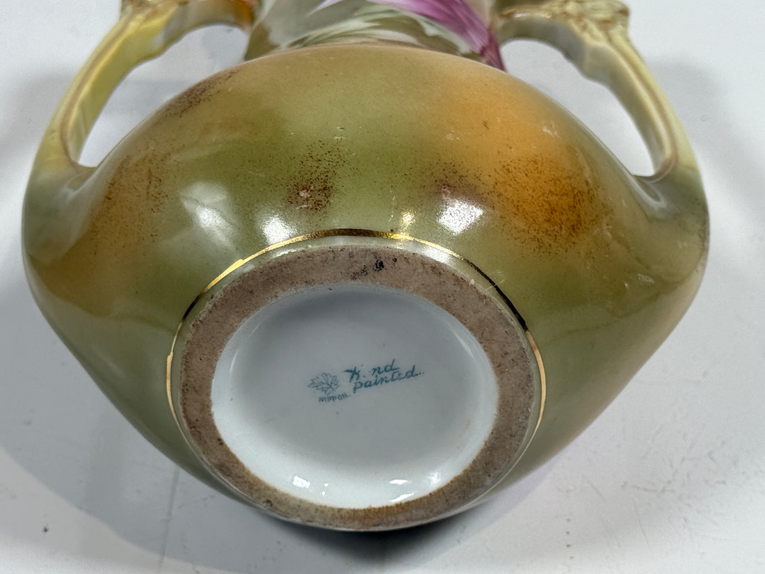 Vase antique japonais peint à la main de 20 cm, motif feuille d'érable, roses dorées