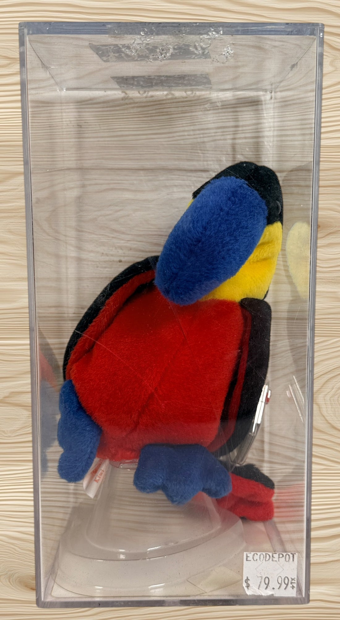 Authentic Ty Beanie Baby Kiwi Toucan with 4th generation swing tag, 3rd generation tush tag, display case and Becky’s True Blue Beans authentication certificate.
