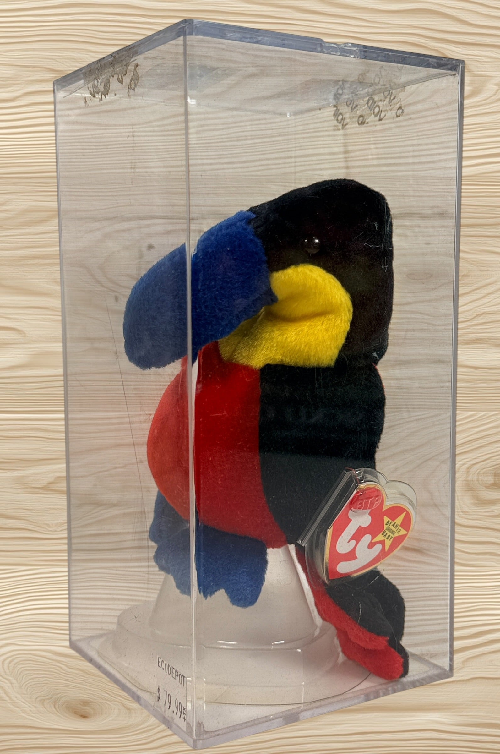 Authentic Ty Beanie Baby Kiwi Toucan with 4th generation swing tag, 3rd generation tush tag, display case and Becky’s True Blue Beans authentication certificate.