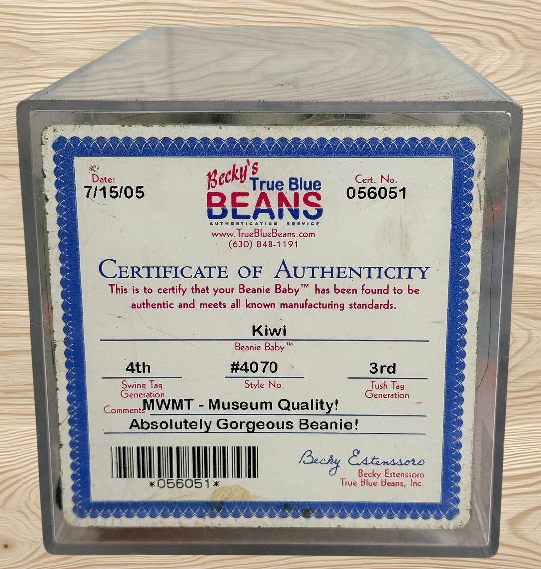 Authentic Ty Beanie Baby Kiwi Toucan with 4th generation swing tag, 3rd generation tush tag, display case and Becky’s True Blue Beans authentication certificate.