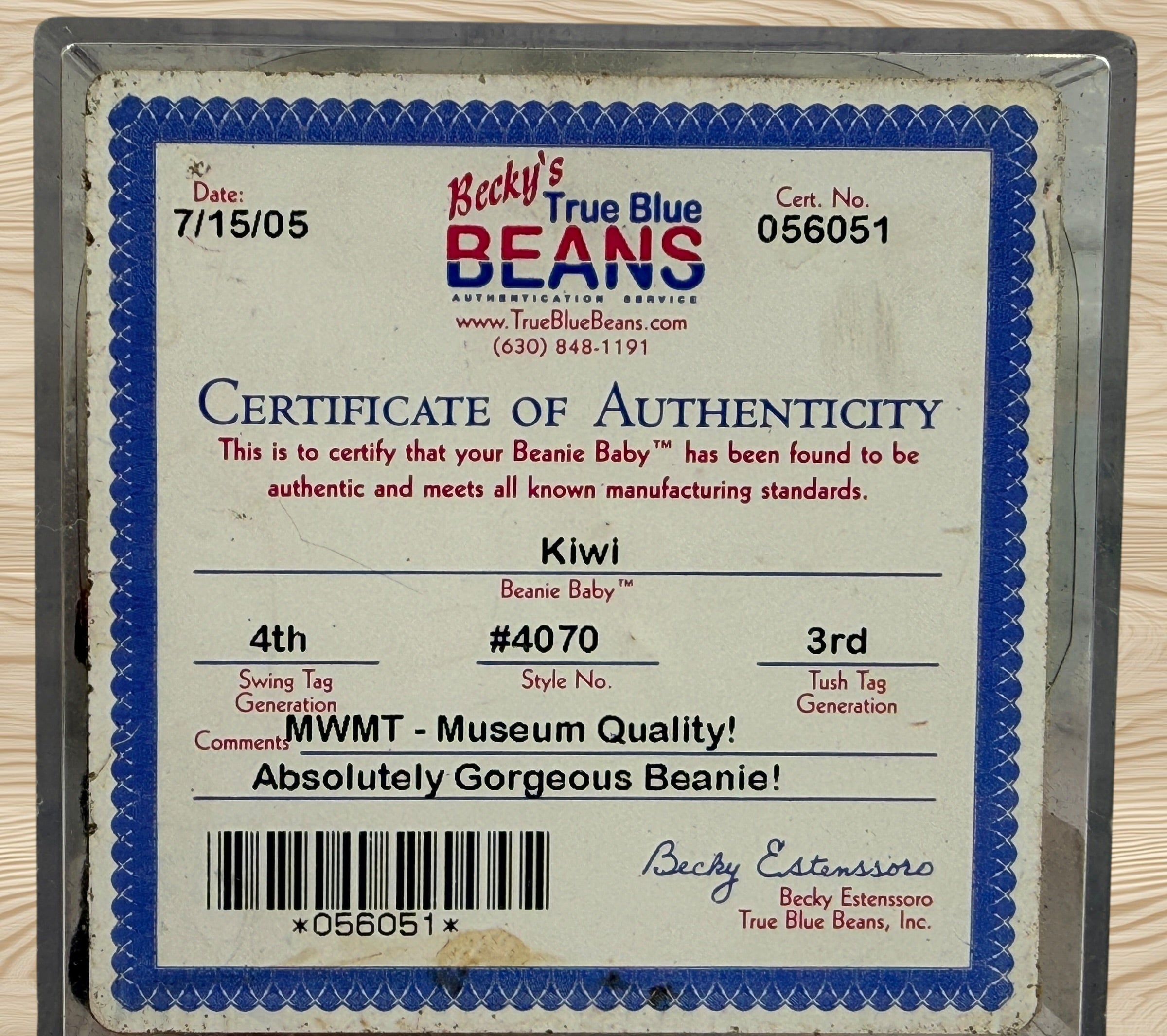 Authentic Ty Beanie Baby Kiwi Toucan with 4th generation swing tag, 3rd generation tush tag, display case and Becky’s True Blue Beans authentication certificate.