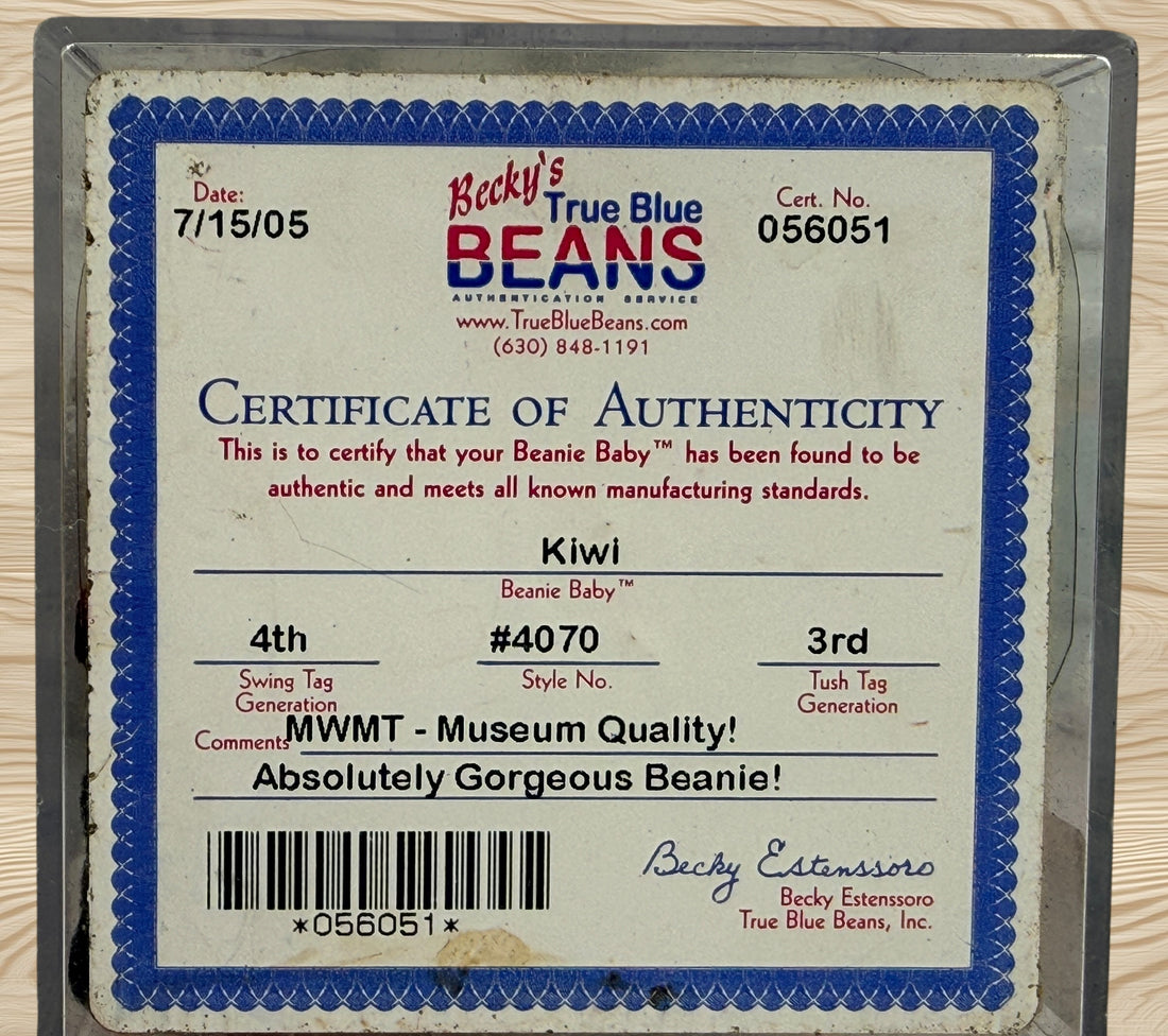 Authentic Ty Beanie Baby Kiwi Toucan with 4th generation swing tag, 3rd generation tush tag, display case and Becky’s True Blue Beans authentication certificate.