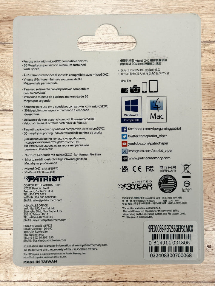 Patriot EP 256GB microSDXC memory card with V30 A1 UHS-I speed rating. Supports 4K video recording and includes SD adapter for cameras, laptops, and devices.