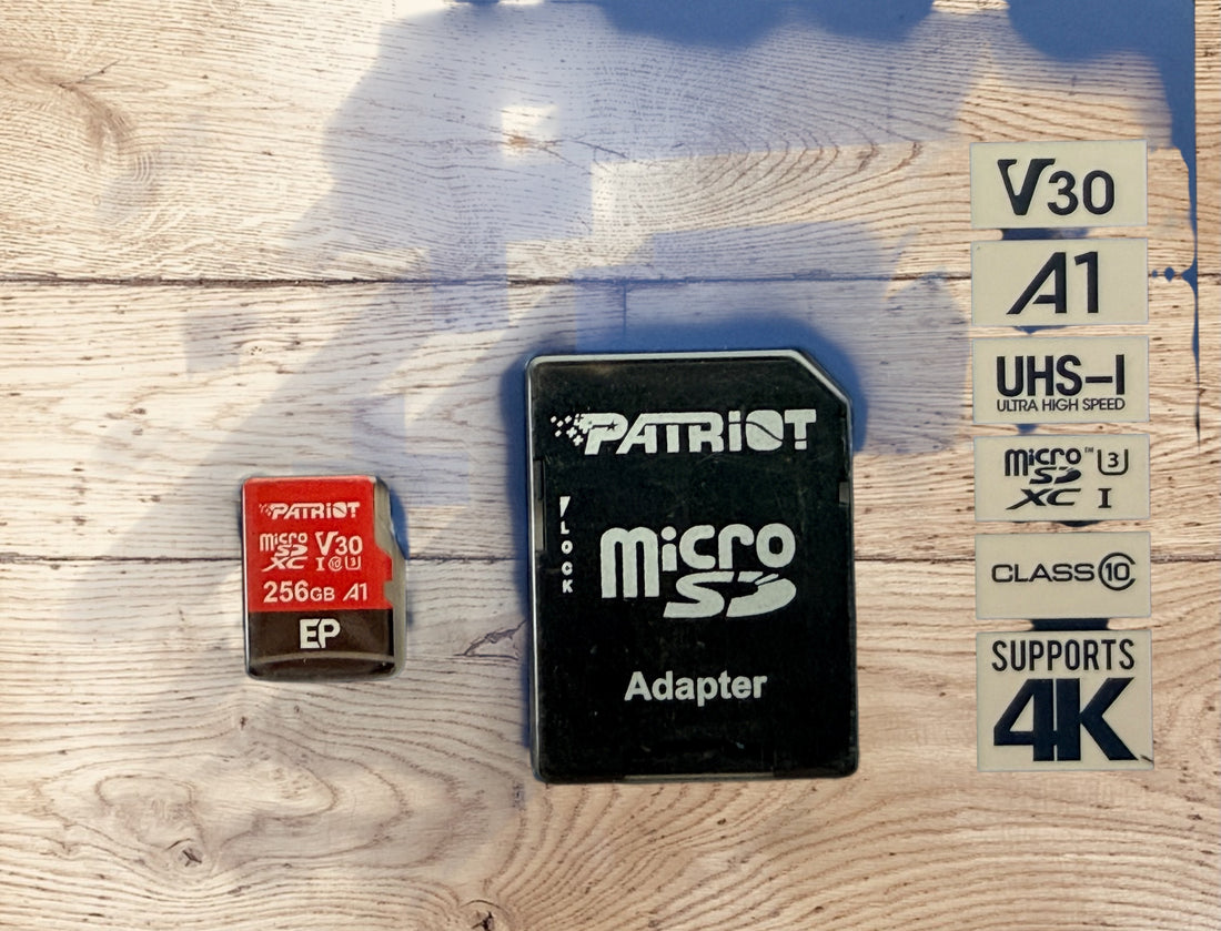 Patriot EP 256GB microSDXC memory card with V30 A1 UHS-I speed rating. Supports 4K video recording and includes SD adapter for cameras, laptops, and devices.
