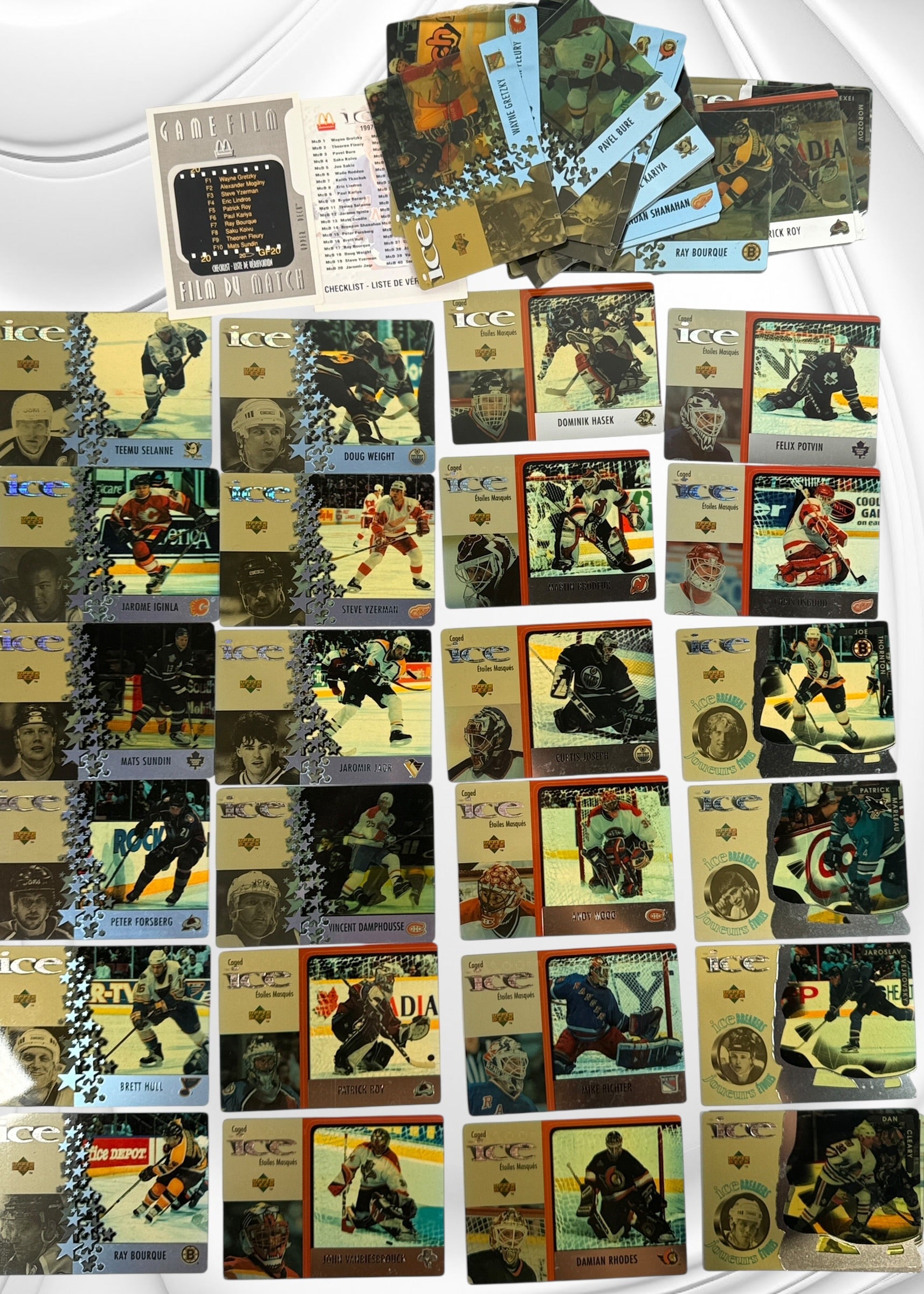 1997 Upper Deck Ice NHL hockey card lot with 60 cards featuring Roy, Brodeur, Hasek, Selanne, Iginla and other stars. Vintage 1990s hockey cards.