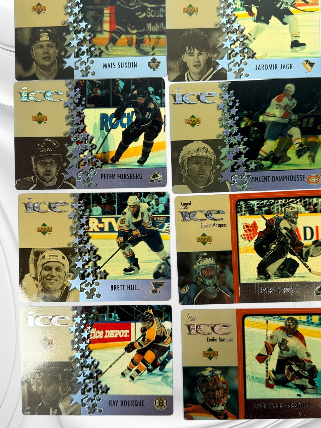 1997 Upper Deck Ice NHL hockey card lot with 60 cards featuring Roy, Brodeur, Hasek, Selanne, Iginla and other stars. Vintage 1990s hockey cards.