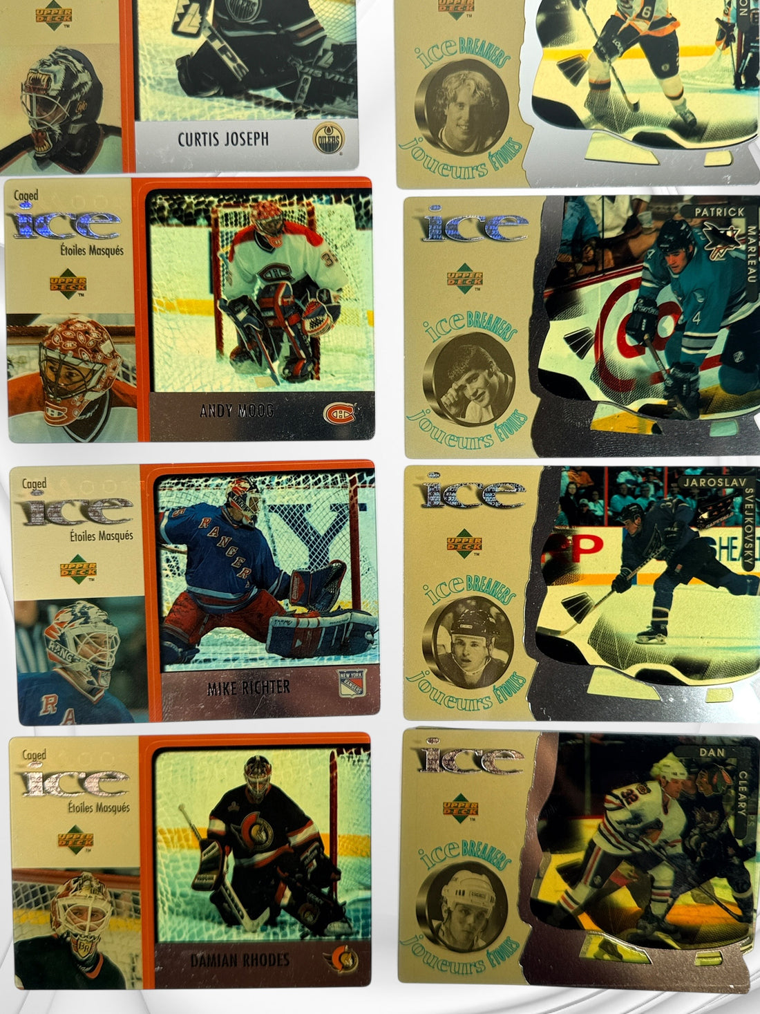 1997 Upper Deck Ice NHL hockey card lot with 60 cards featuring Roy, Brodeur, Hasek, Selanne, Iginla and other stars. Vintage 1990s hockey cards.