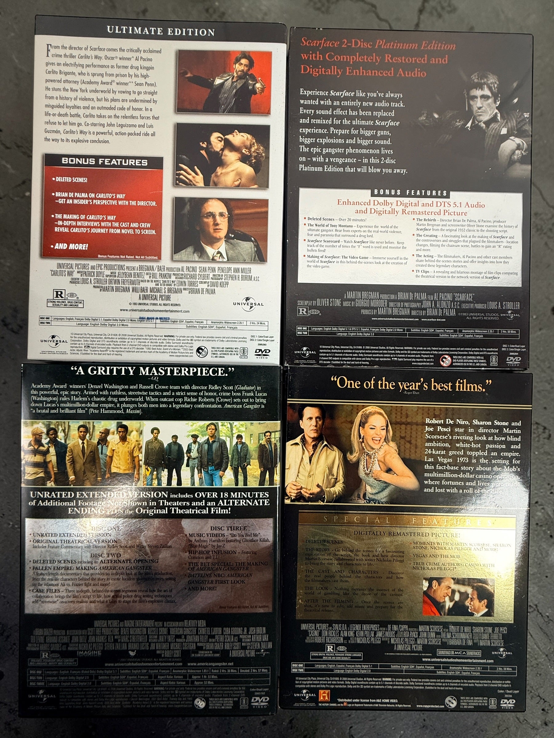 Universal Gangsters Ultimate Film Collection 9 disc DVD box set featuring Scarface Casino Carlitos Way and American Gangster collection