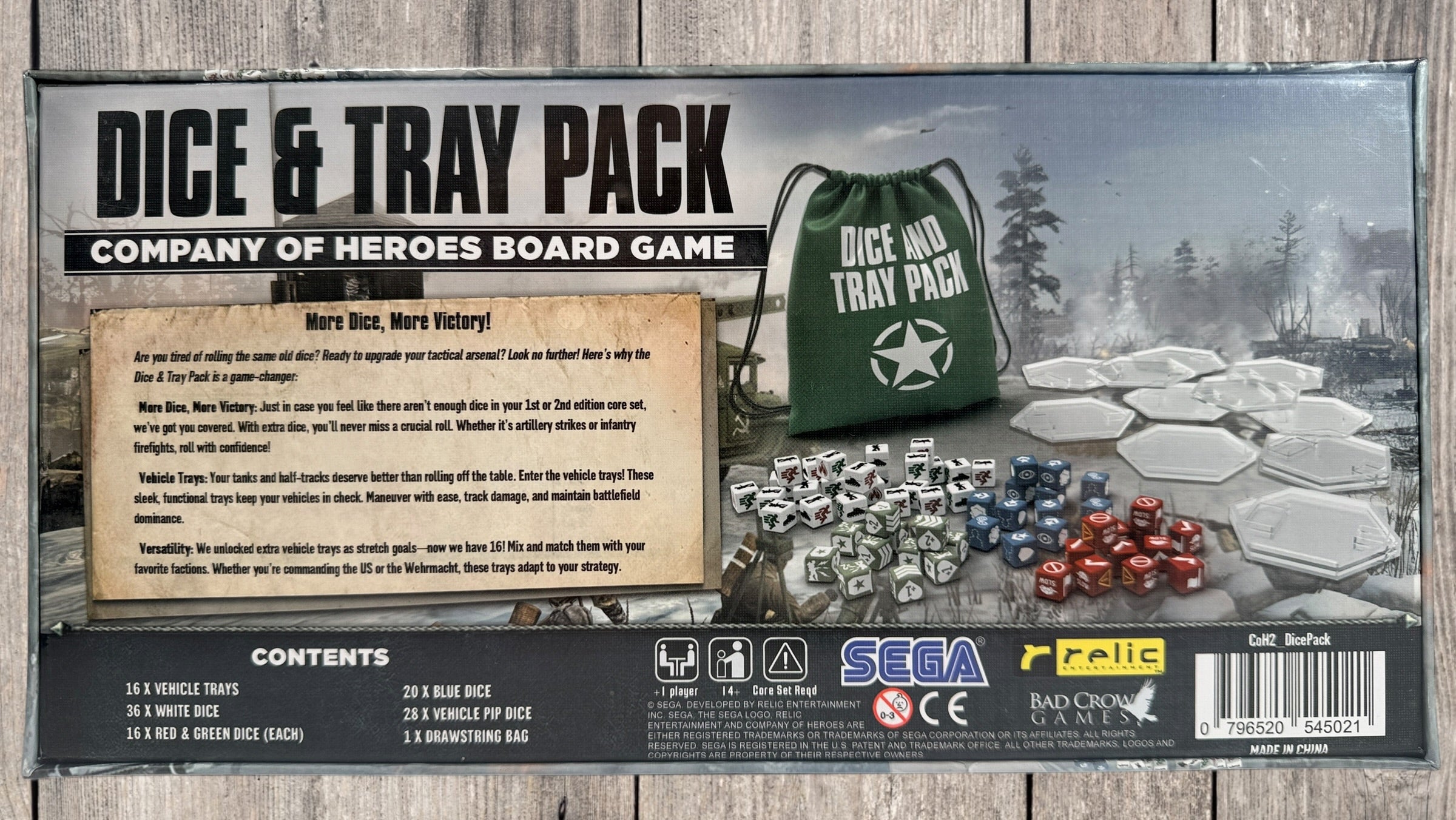 Company of Heroes Dice and Tray Pack expansion with extra faction dice, vehicle trays, and dice bag. Official board game accessory, new sealed condition.