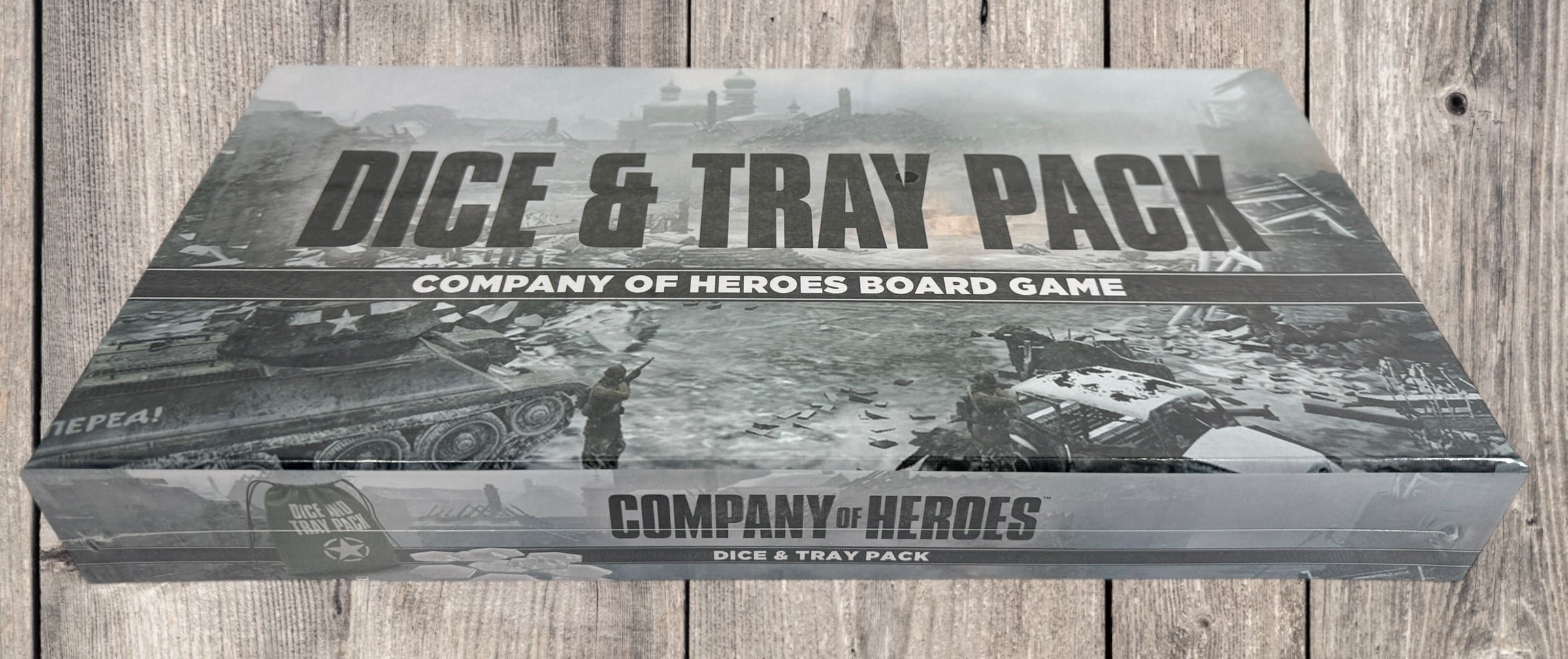 Company of Heroes Dice and Tray Pack expansion with extra faction dice, vehicle trays, and dice bag. Official board game accessory, new sealed condition.