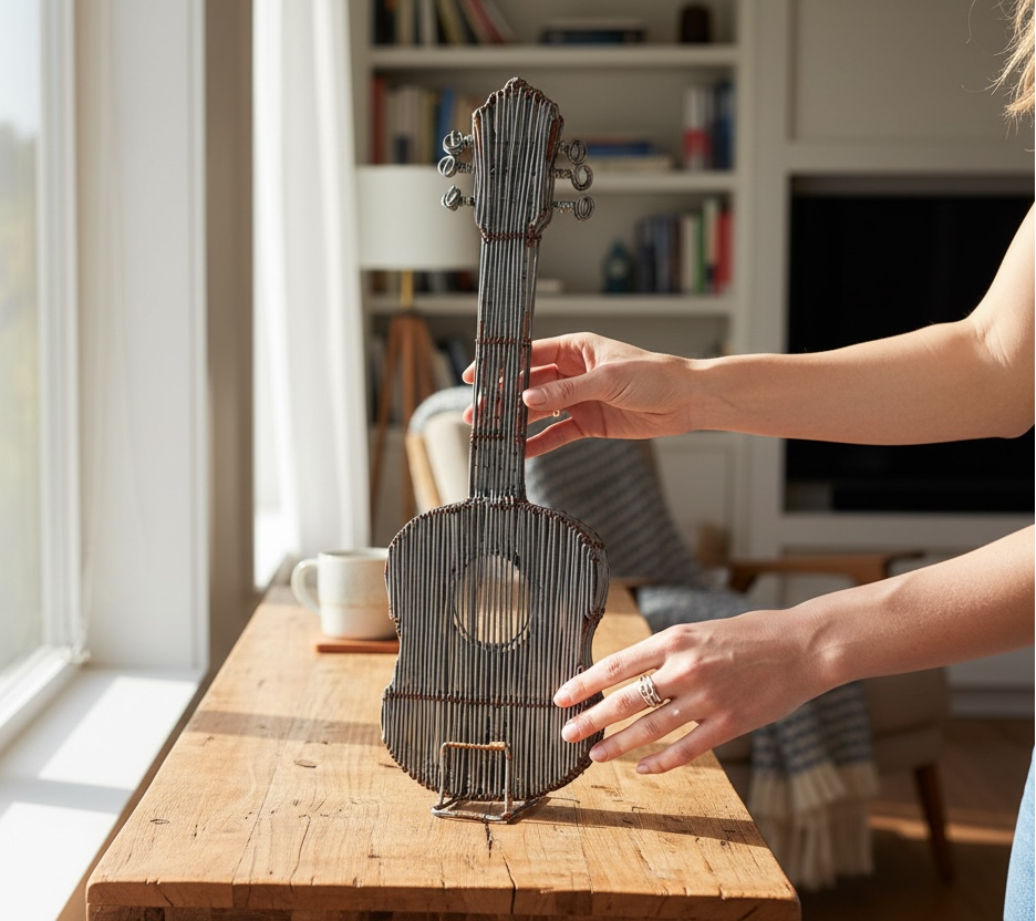 Vintage handmade wire guitar sculpture crafted from steel and copper. Industrial folk art decor piece with freestanding stand, perfect for music room or studio display.