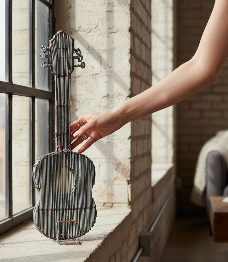 Vintage handmade wire guitar sculpture crafted from steel and copper. Industrial folk art decor piece with freestanding stand, perfect for music room or studio display.