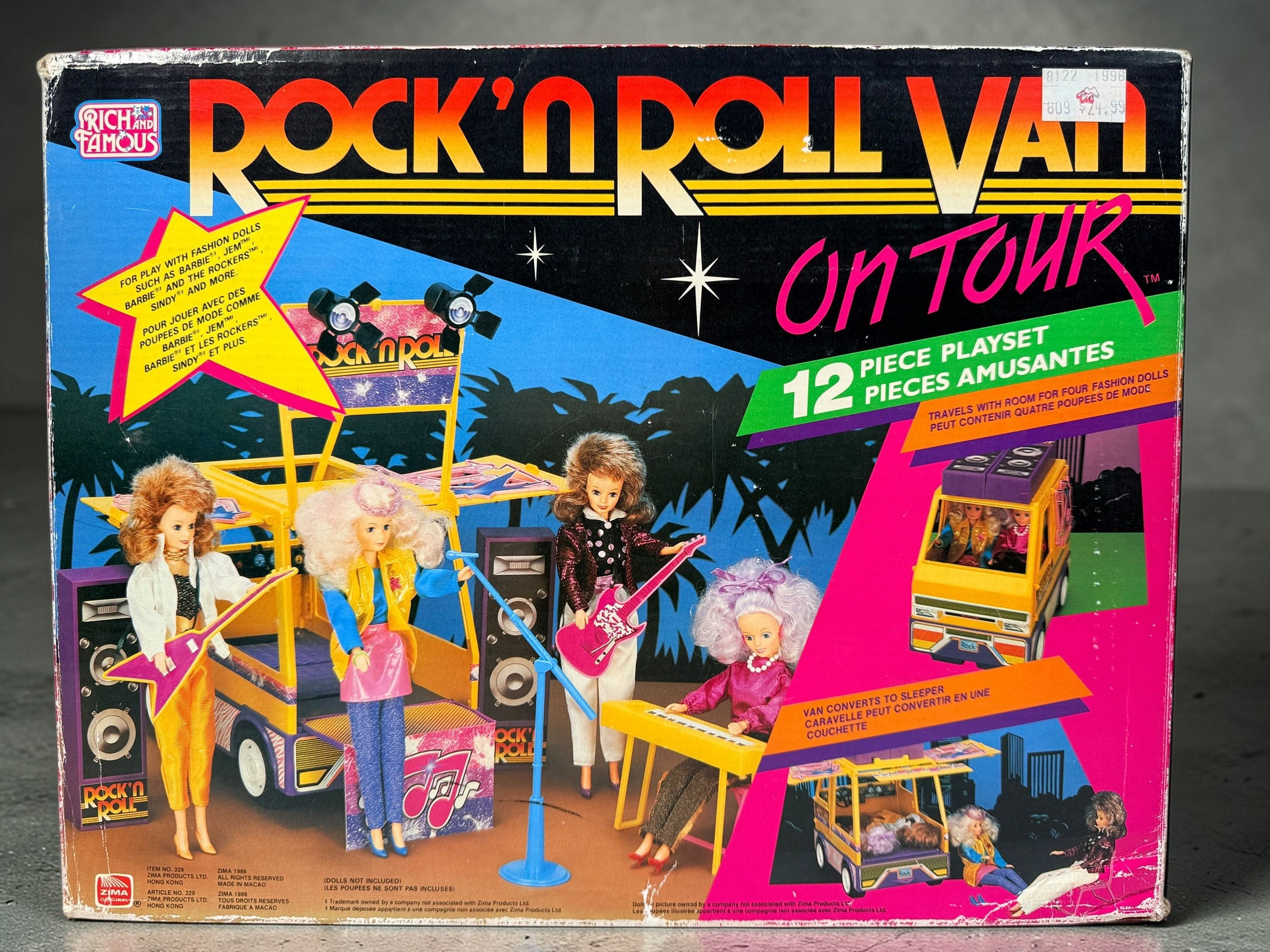 1986 Zima Rock’n Roll Van playset with box. Vintage Barbie-size tour van with accessories, bright 80s design, and strong display appeal.