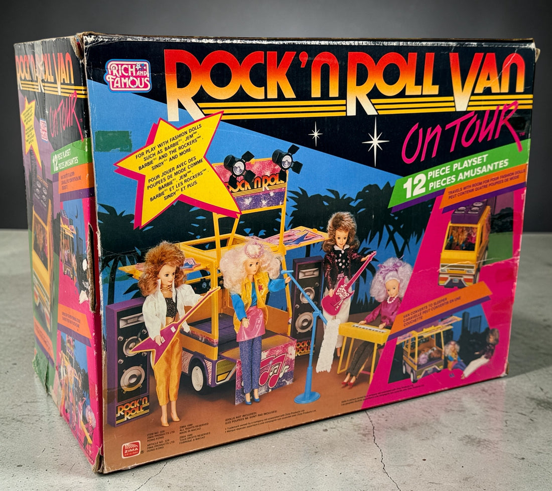 1986 Zima Rock’n Roll Van playset with box. Vintage Barbie-size tour van with accessories, bright 80s design, and strong display appeal.