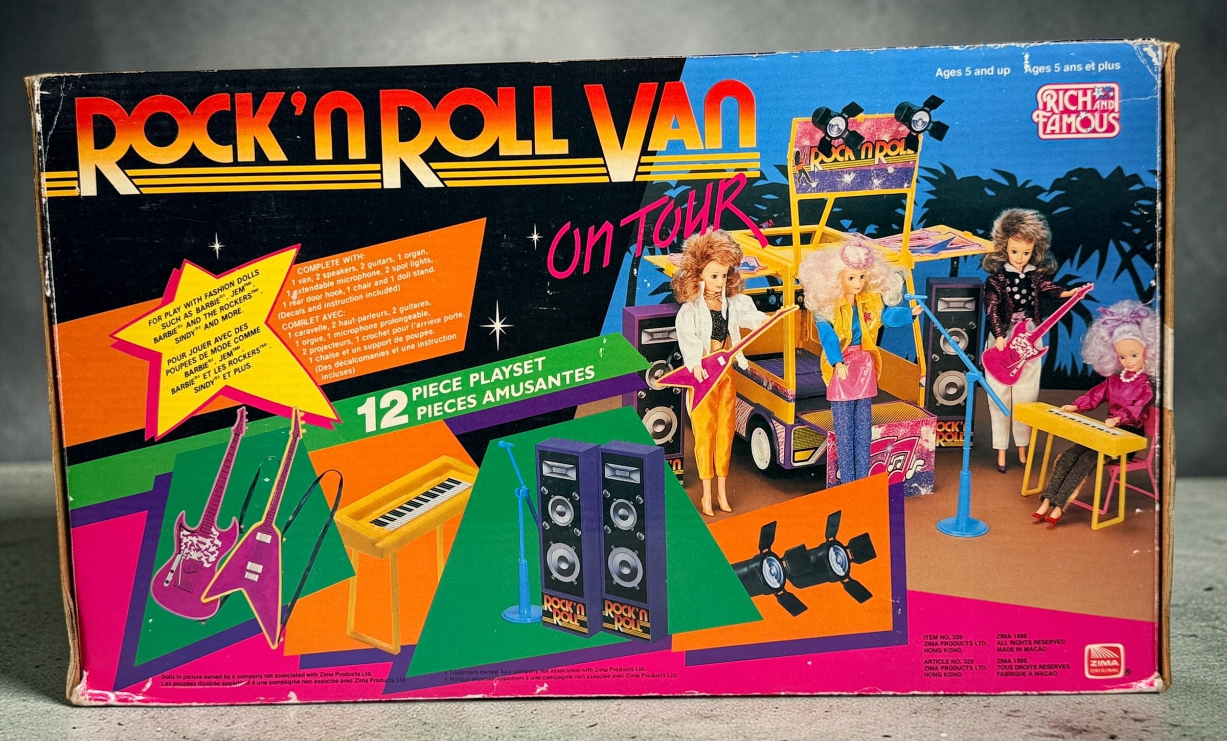 1986 Zima Rock’n Roll Van playset with box. Vintage Barbie-size tour van with accessories, bright 80s design, and strong display appeal.
