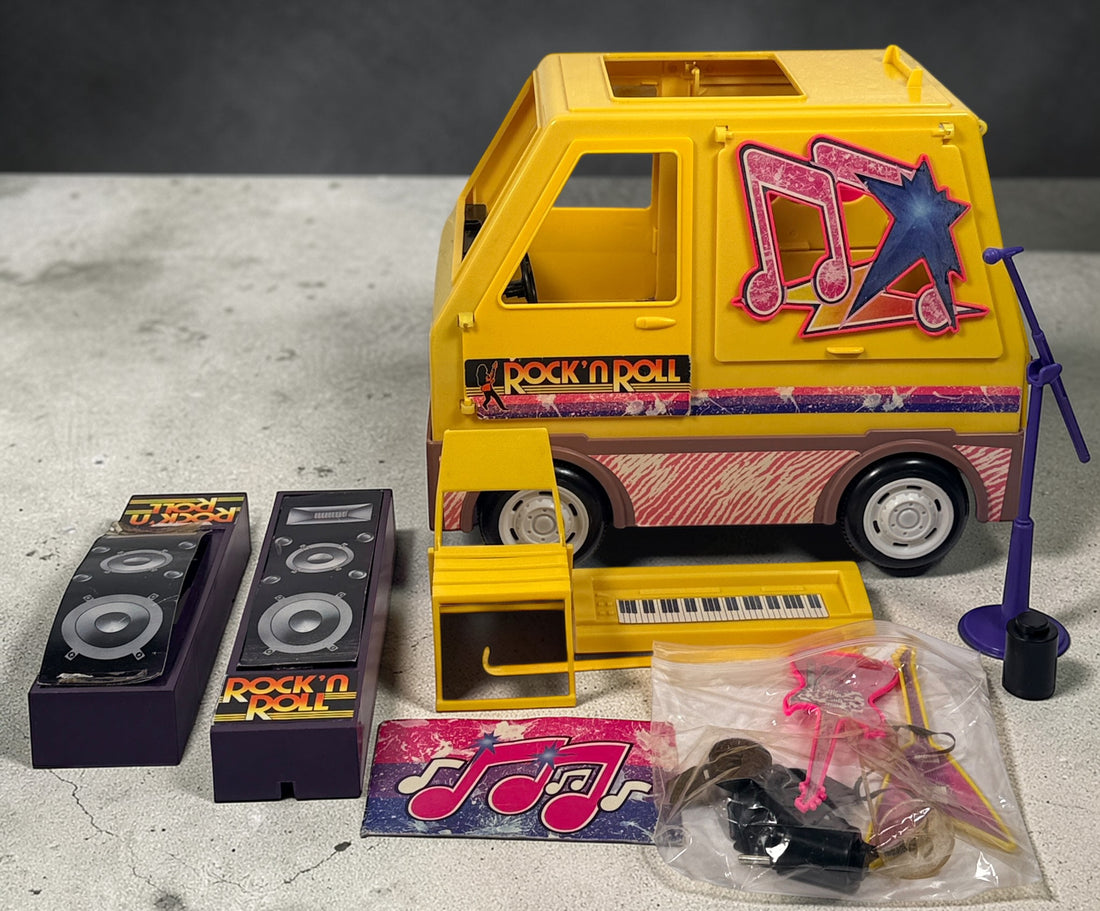 1986 Zima Rock’n Roll Van playset with box. Vintage Barbie-size tour van with accessories, bright 80s design, and strong display appeal.