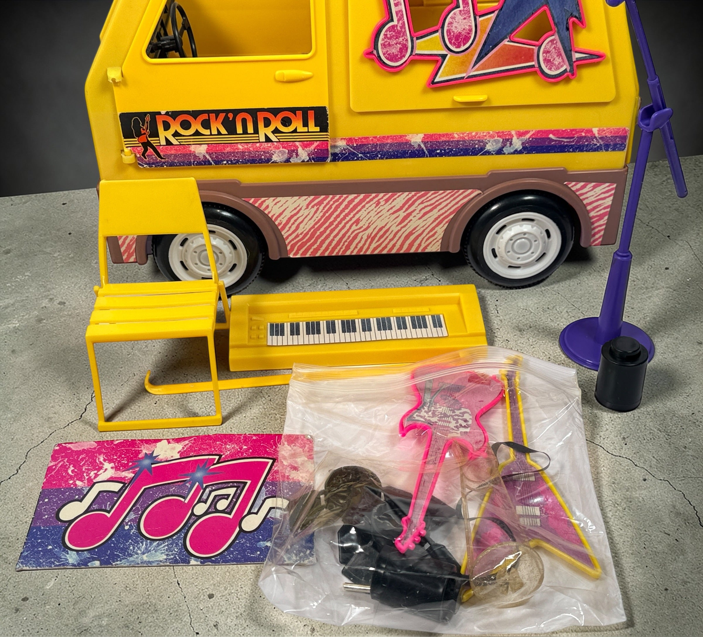1986 Zima Rock’n Roll Van playset with box. Vintage Barbie-size tour van with accessories, bright 80s design, and strong display appeal.