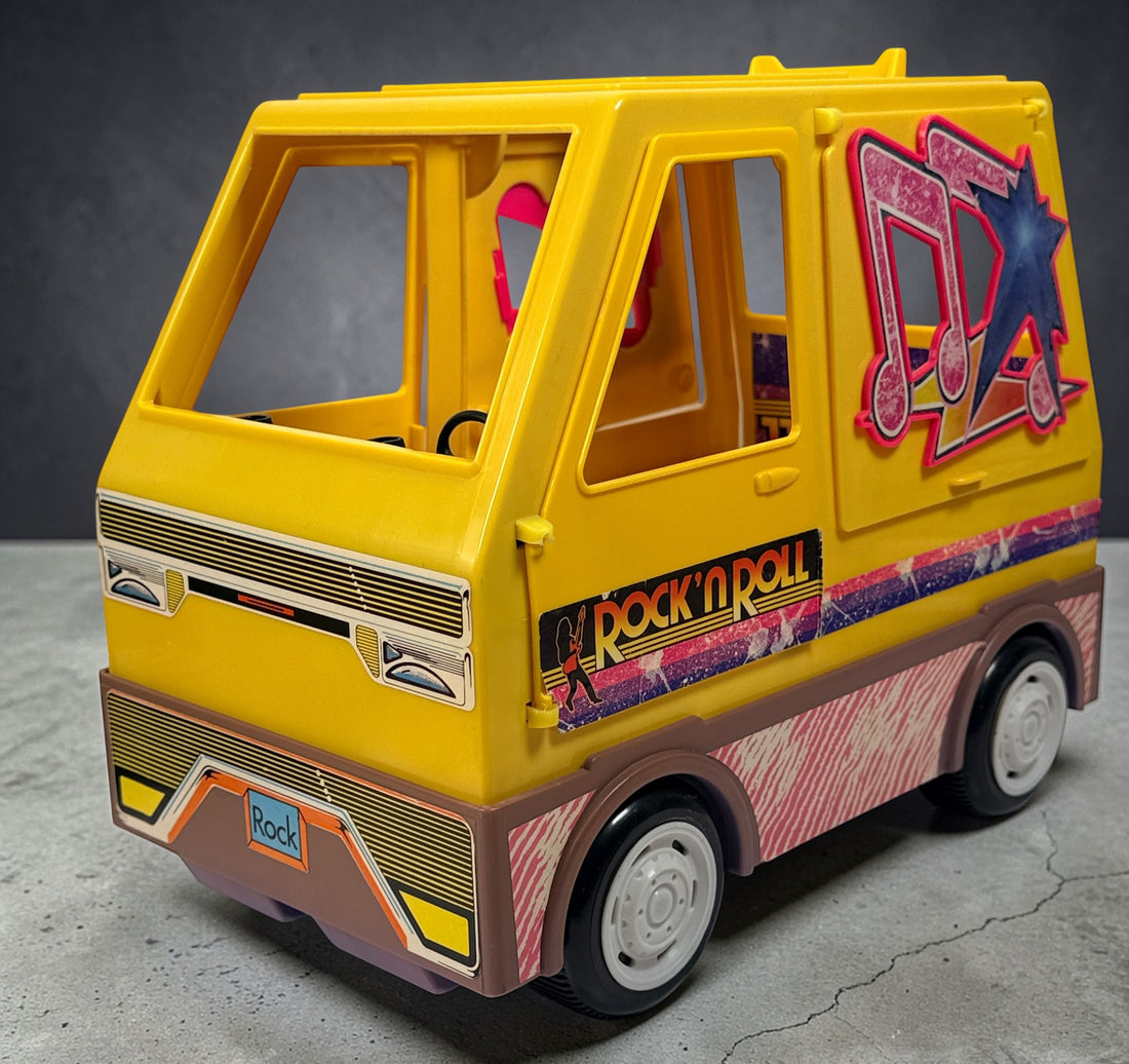 1986 Zima Rock’n Roll Van playset with box. Vintage Barbie-size tour van with accessories, bright 80s design, and strong display appeal.