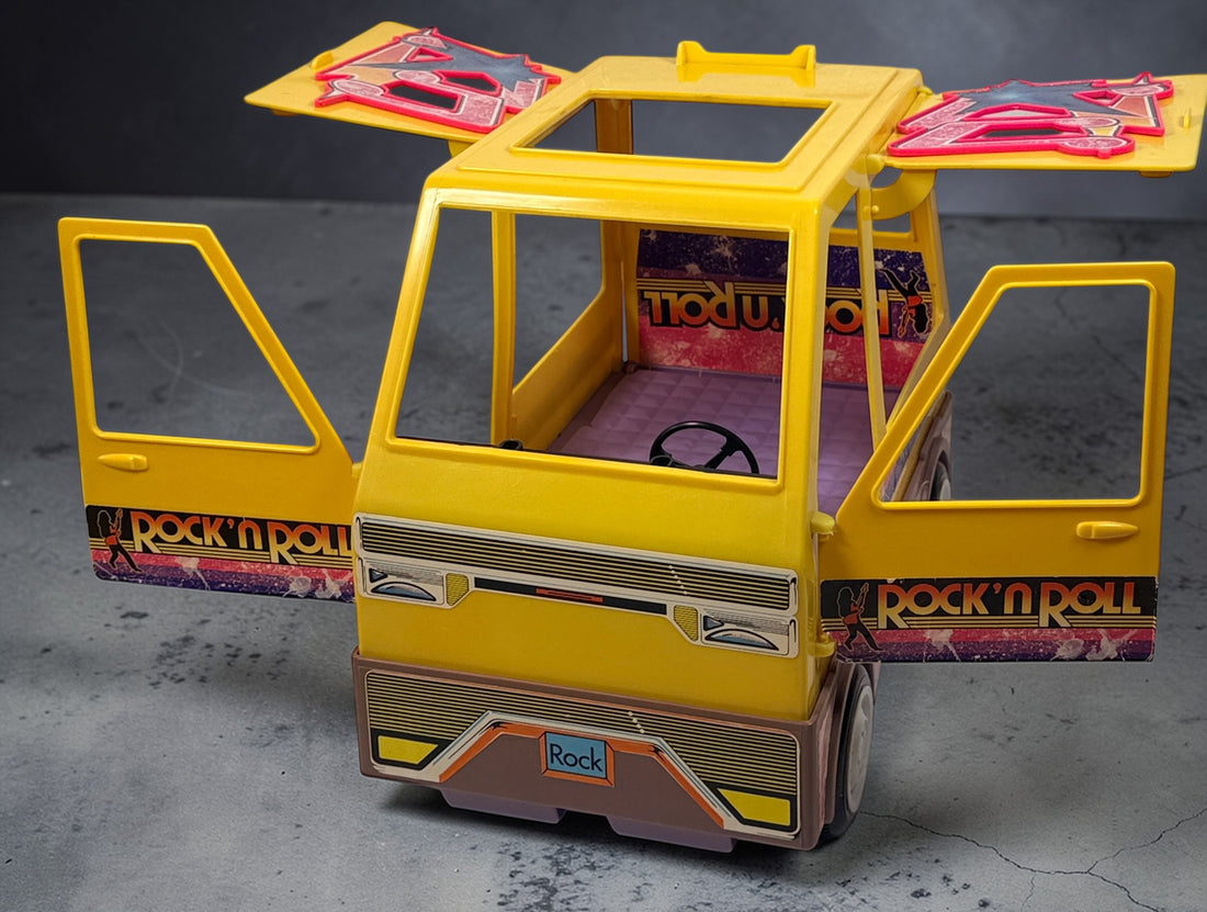 1986 Zima Rock’n Roll Van playset with box. Vintage Barbie-size tour van with accessories, bright 80s design, and strong display appeal.