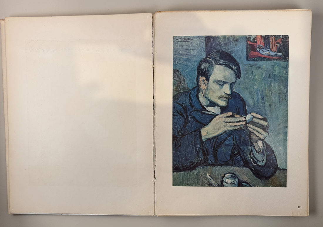 1955 Picasso art book with Blue and Rose period plates. French edition from Éditions du Chêne. Vintage decorative art book with full-page reproductions.