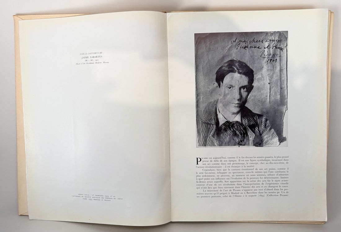 1955 Picasso art book with Blue and Rose period plates. French edition from Éditions du Chêne. Vintage decorative art book with full-page reproductions.