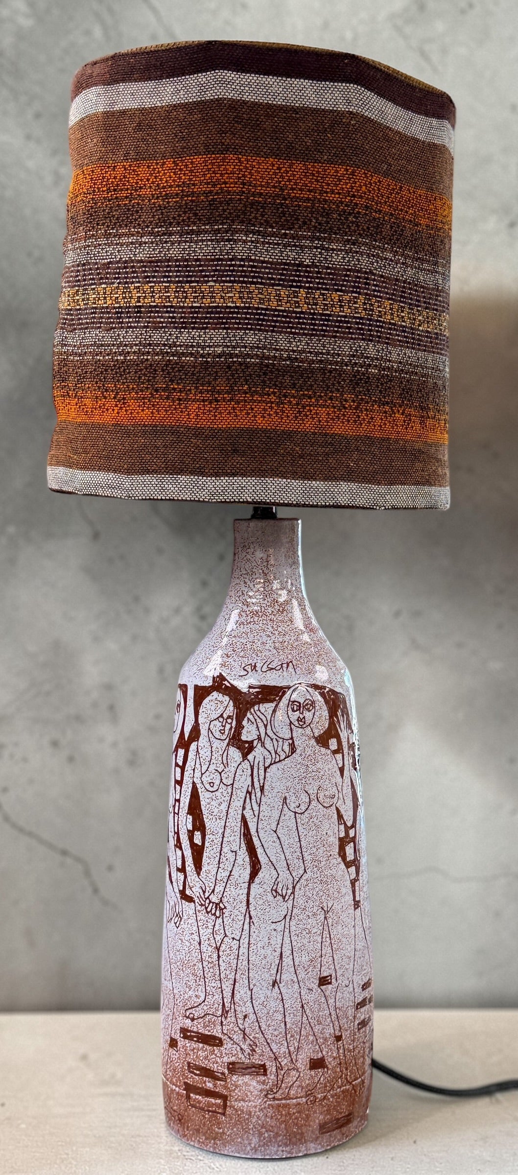 Charles Sucsan mid century ceramic lamp with figural nude design. Signed studio pottery piece, collectible modernist decor. Local pickup Montreal only.