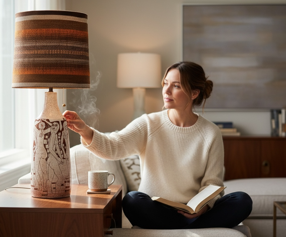 Charles Sucsan mid century ceramic lamp with figural nude design. Signed studio pottery piece, collectible modernist decor. Local pickup Montreal only.