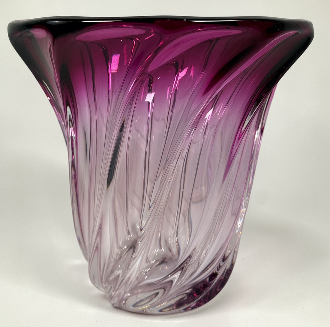 Signed Val Saint Lambert crystal vase in amethyst overlay with swirl design. Heavy Belgian art glass piece with vibrant color and classic vintage appeal.