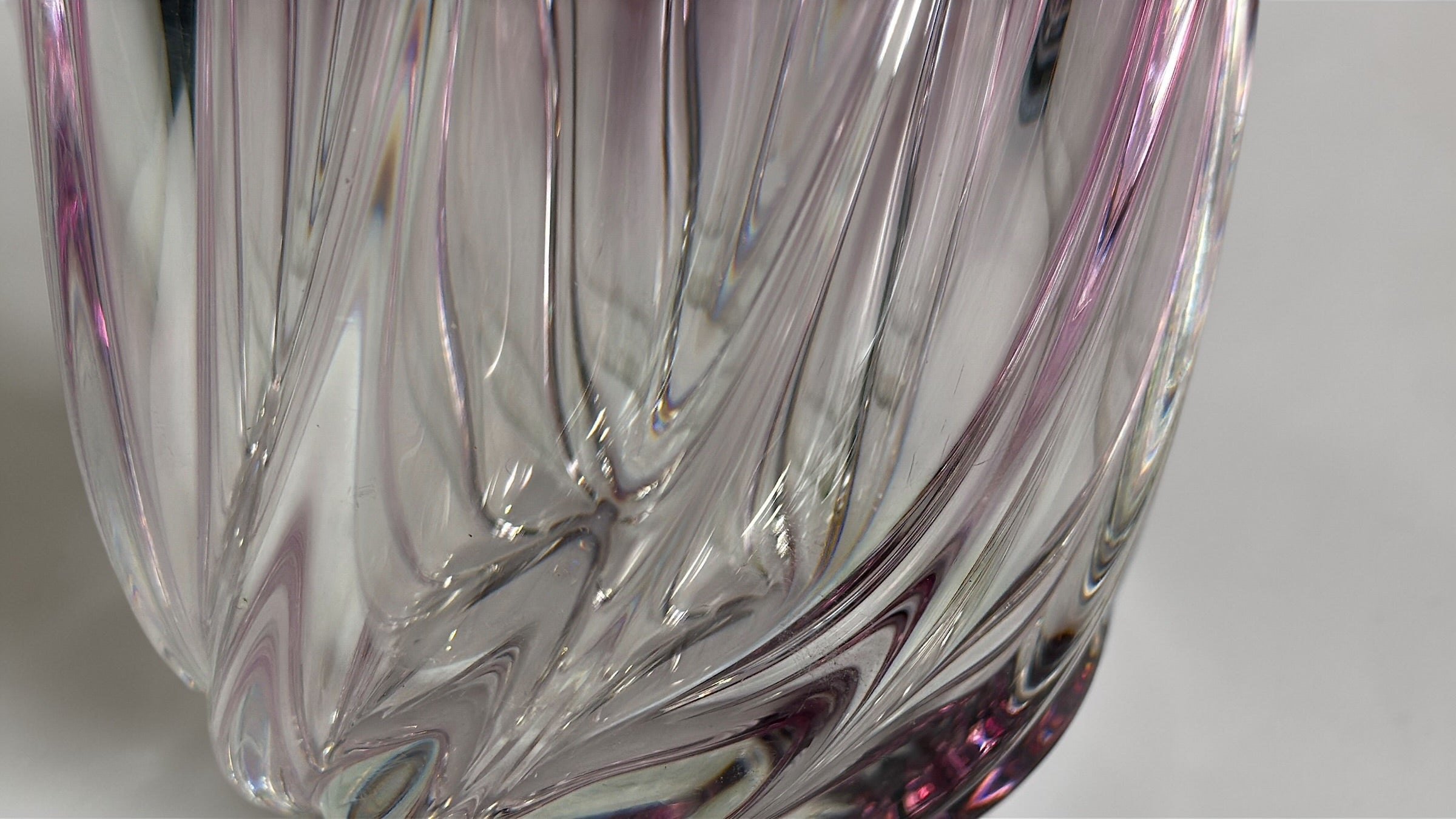 Signed Val Saint Lambert crystal vase in amethyst overlay with swirl design. Heavy Belgian art glass piece with vibrant color and classic vintage appeal.