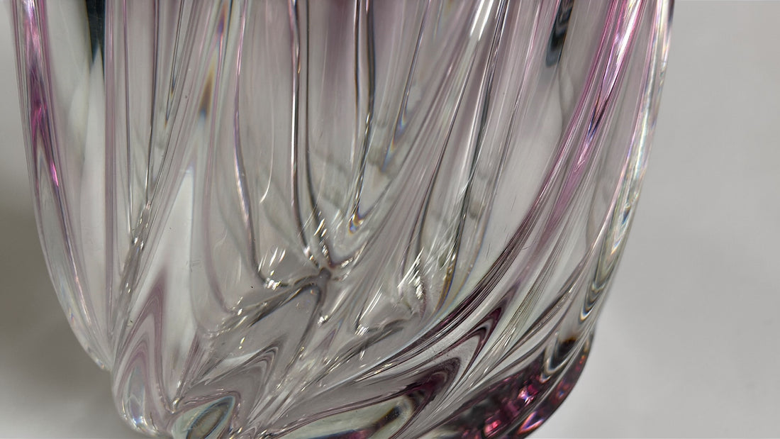 Signed Val Saint Lambert crystal vase in amethyst overlay with swirl design. Heavy Belgian art glass piece with vibrant color and classic vintage appeal.