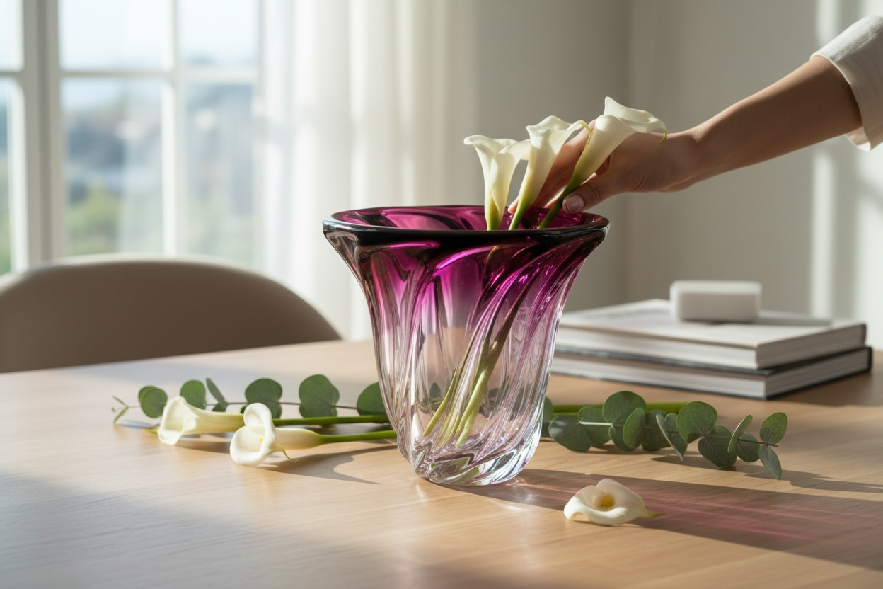 Signed Val Saint Lambert crystal vase in amethyst overlay with swirl design. Heavy Belgian art glass piece with vibrant color and classic vintage appeal.