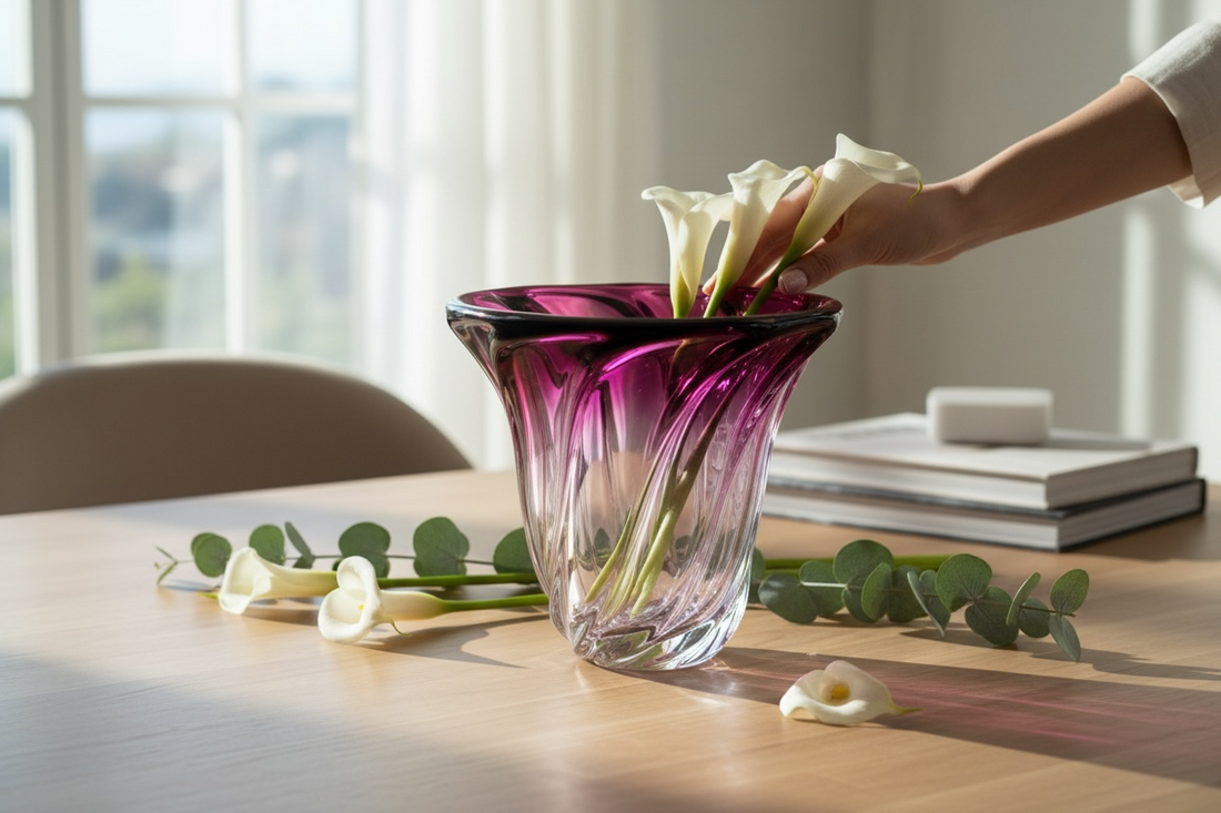 Signed Val Saint Lambert crystal vase in amethyst overlay with swirl design. Heavy Belgian art glass piece with vibrant color and classic vintage appeal.