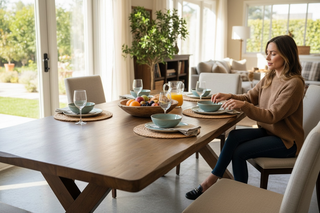 Rustic Farmhouse Wood Dining Table, Trestle Base, Solid Wood Top.