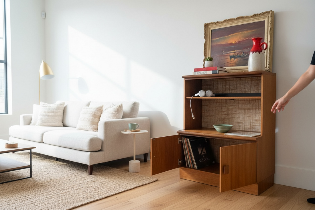 Mid Century Teak Media Cabinet, Scandinavian Style Storage Unit.