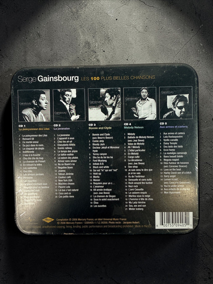Serge Gainsbourg 5 CD box set Les 100 Plus Belles Chansons in collectible tin case. Complete French compilation with iconic tracks, great condition.