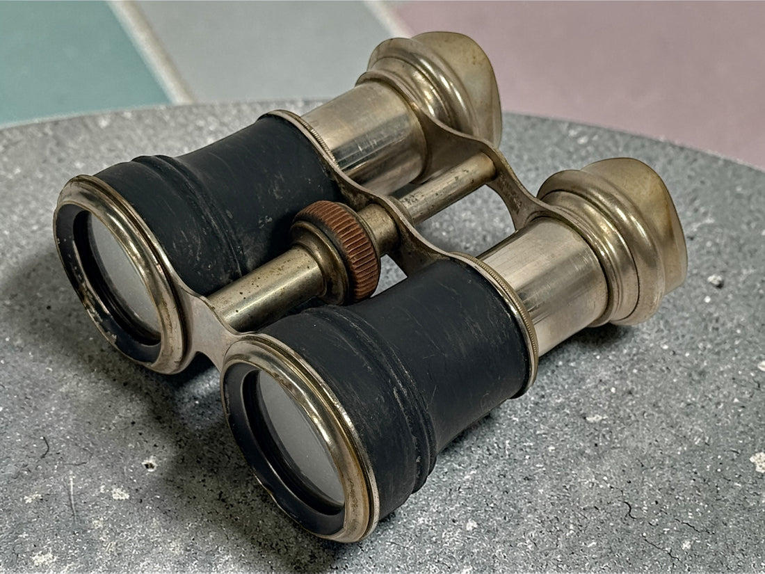 Antique Chevalier Paris opera glasses in brass and leather. 19th century French binoculars with patina, collectible decorative piece, vintage optics.