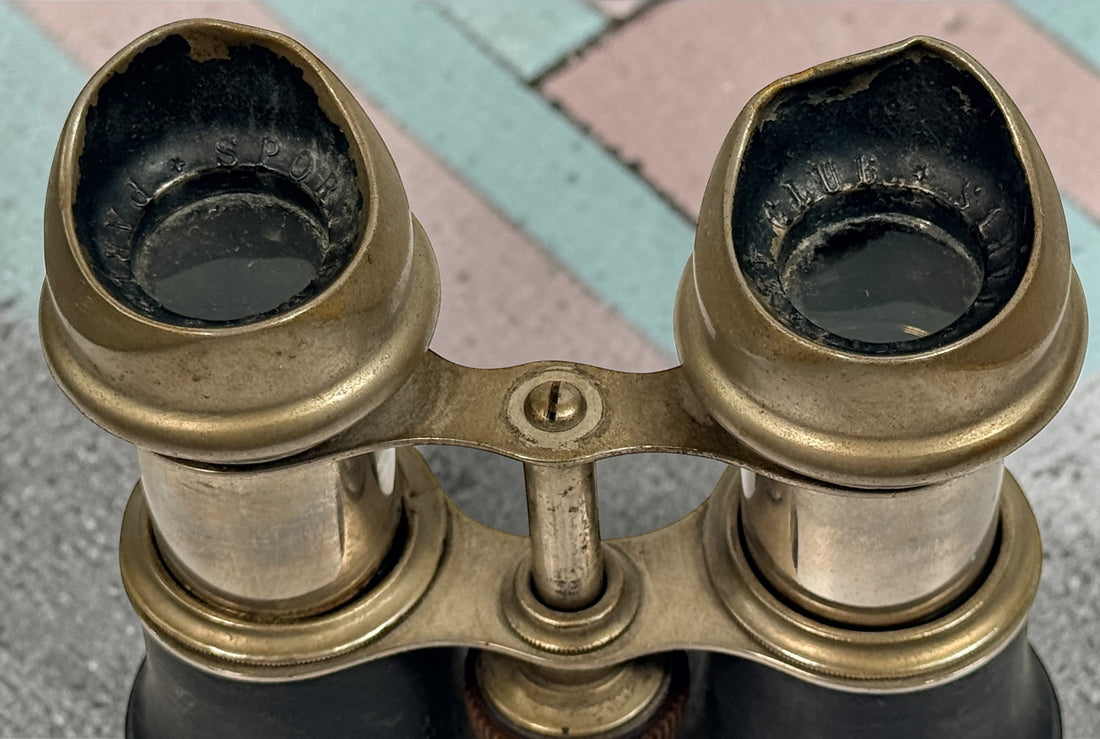 Antique Chevalier Paris opera glasses in brass and leather. 19th century French binoculars with patina, collectible decorative piece, vintage optics.