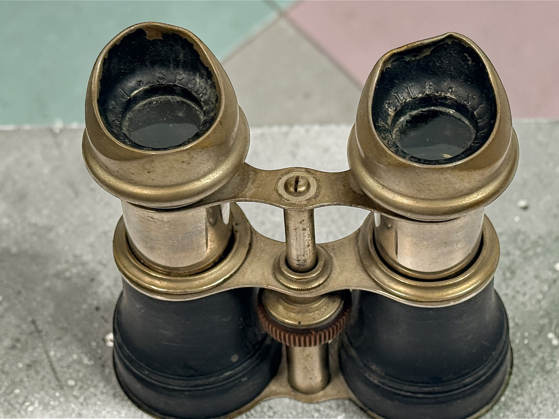 Antique Chevalier Paris opera glasses in brass and leather. 19th century French binoculars with patina, collectible decorative piece, vintage optics.