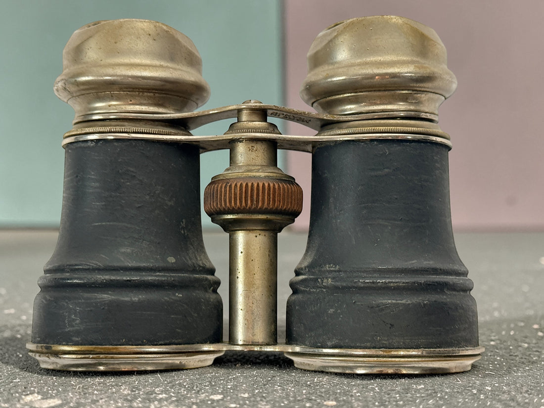 Antique Chevalier Paris opera glasses in brass and leather. 19th century French binoculars with patina, collectible decorative piece, vintage optics.