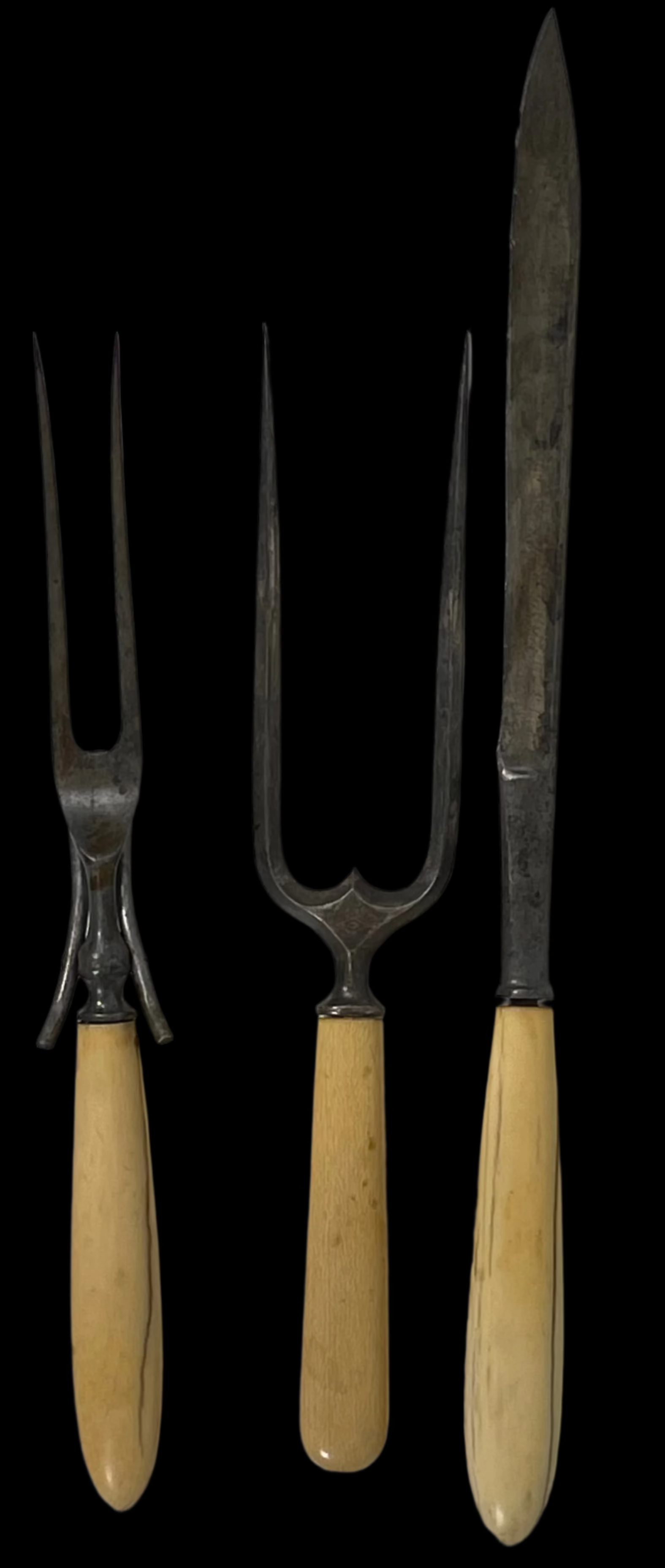Ensemble de 3, service à découper avec manches en os, 1 couteau et 2 fourchettes.