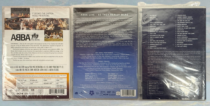 ABBA DVD bundle including The Movie, In Concert, and Essential Collection. Sealed music documentaries featuring classic performances and greatest hits.