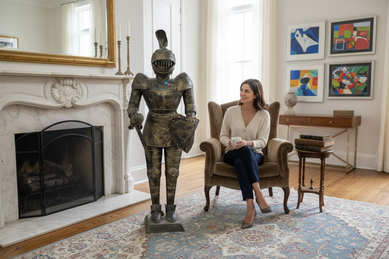 Statue d'armure de chevalier de style vintage, figurine de décoration médiévale, finition bronze.
