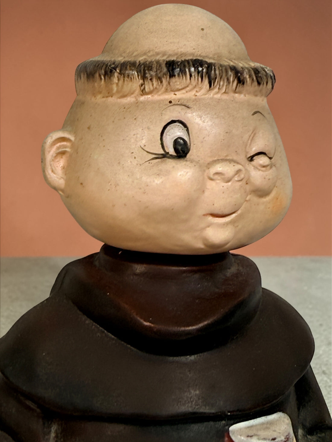 Vintage monk musical figurine wind-up music box winking friar ceramic collectible decor 1970s kitsch religious statue working mechanism unique gift.