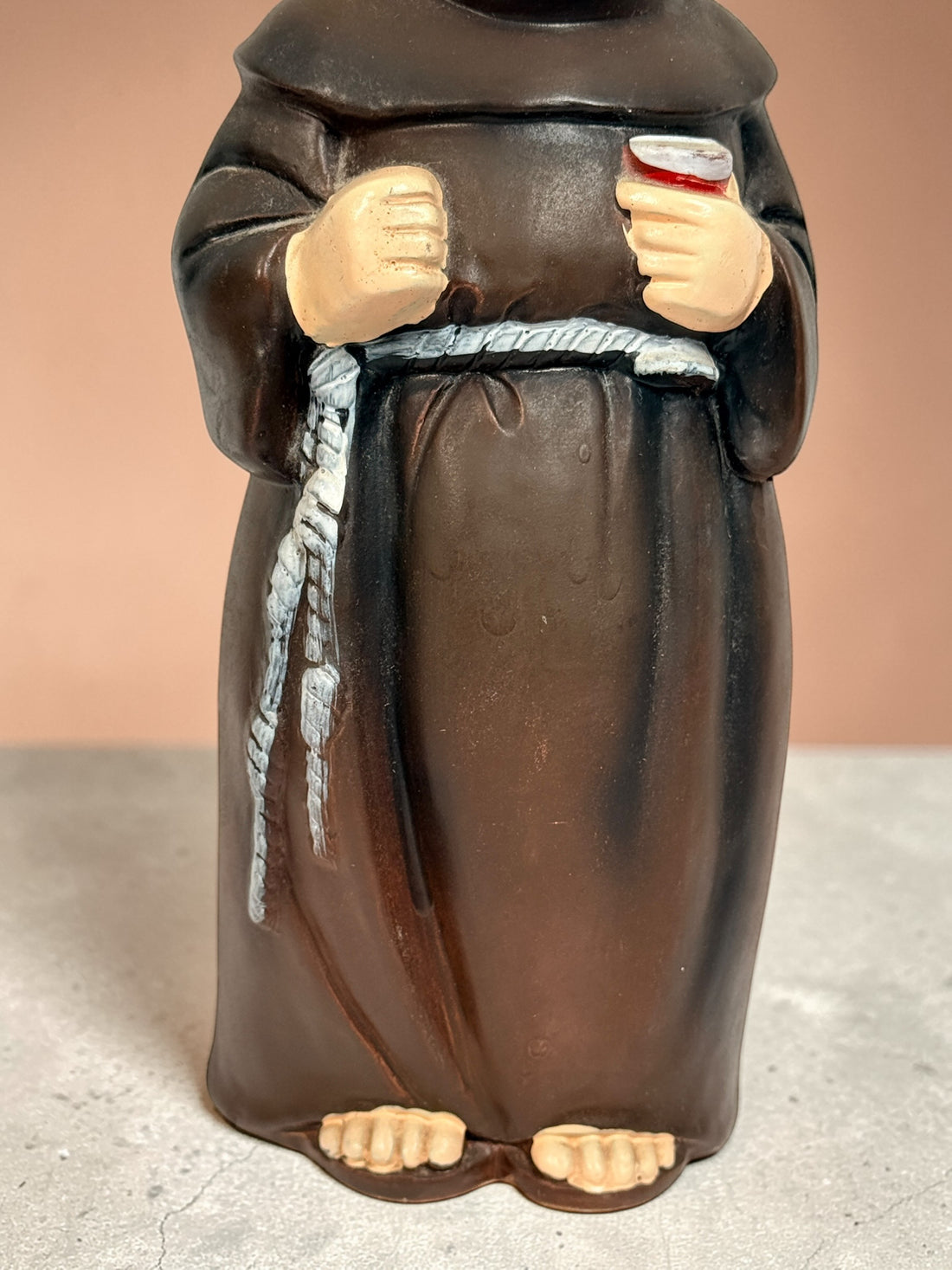 Vintage monk musical figurine wind-up music box winking friar ceramic collectible decor 1970s kitsch religious statue working mechanism unique gift.