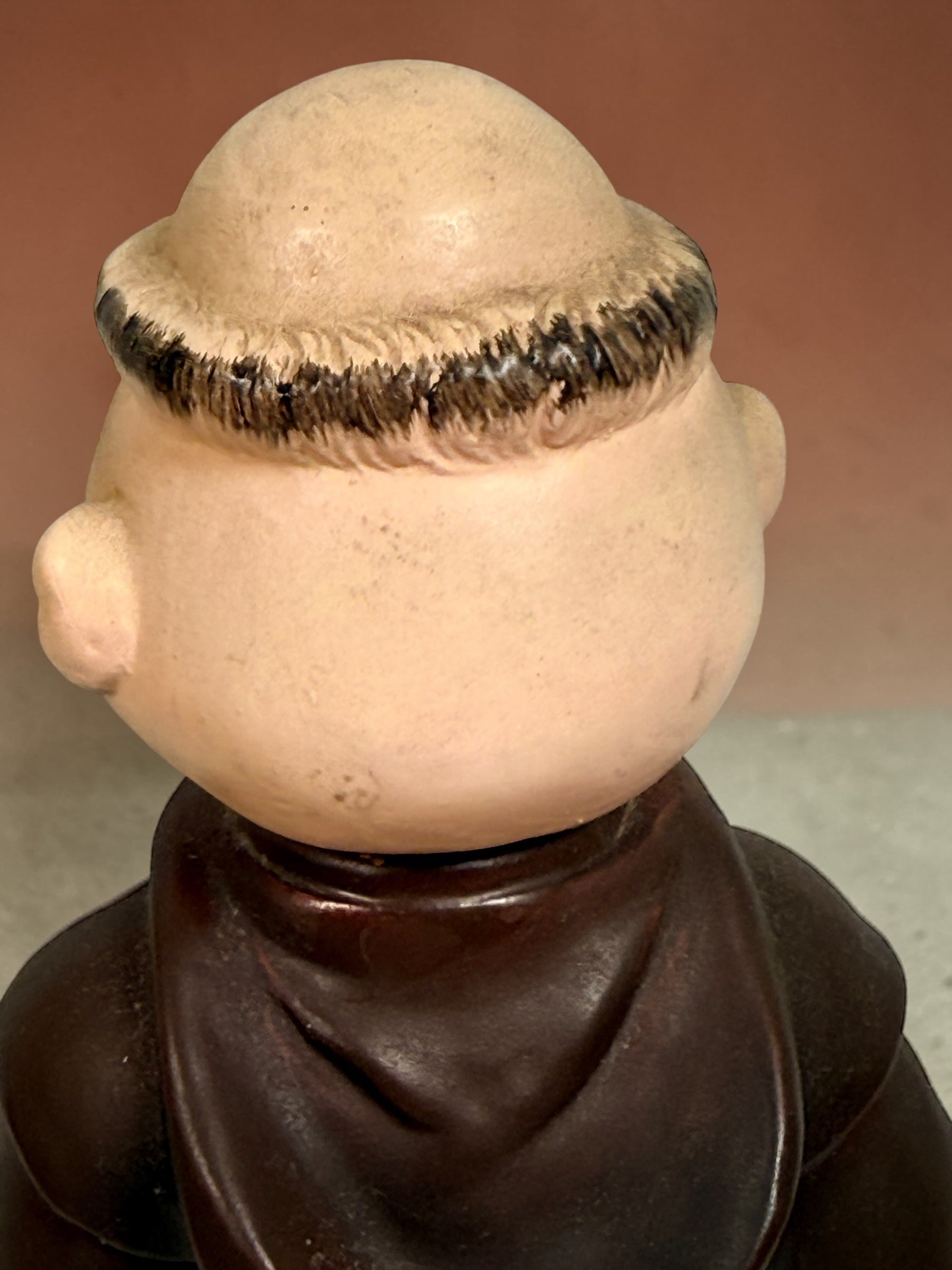 Vintage monk musical figurine wind-up music box winking friar ceramic collectible decor 1970s kitsch religious statue working mechanism unique gift.