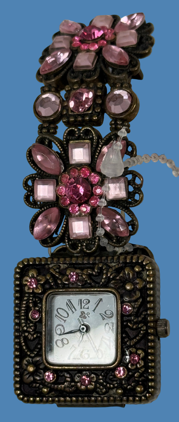 Vintage Jeweled Quartz Watch – Pink Rhinestone Floral Bracelet