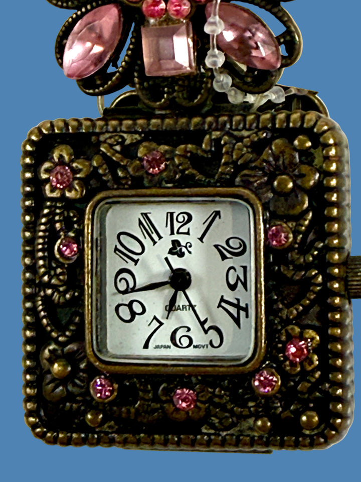Vintage Jeweled Quartz Watch – Pink Rhinestone Floral Bracelet