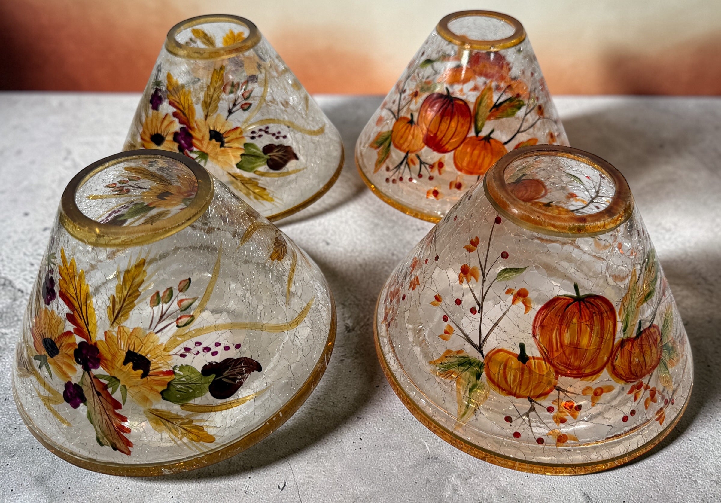 Vintage crackle glass light shade with pumpkin design and gold trim. Replacement fixture shade for chandelier or vanity lighting. Local pickup only.