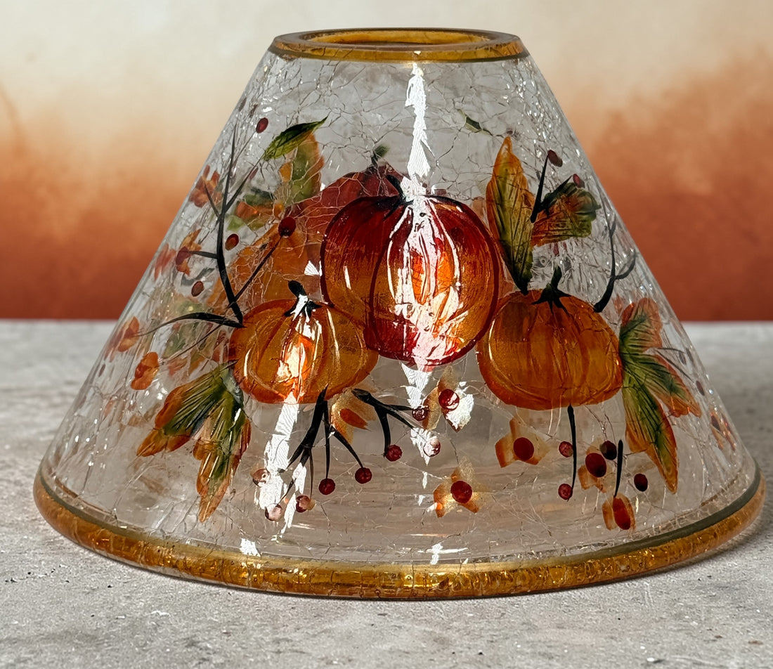 Vintage crackle glass light shade with pumpkin design and gold trim. Replacement fixture shade for chandelier or vanity lighting. Local pickup only.