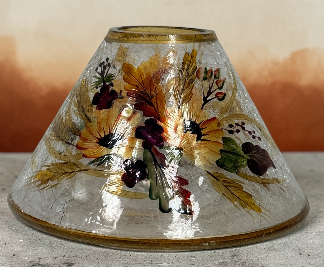 Vintage crackle glass light shade with pumpkin design and gold trim. Replacement fixture shade for chandelier or vanity lighting. Local pickup only.